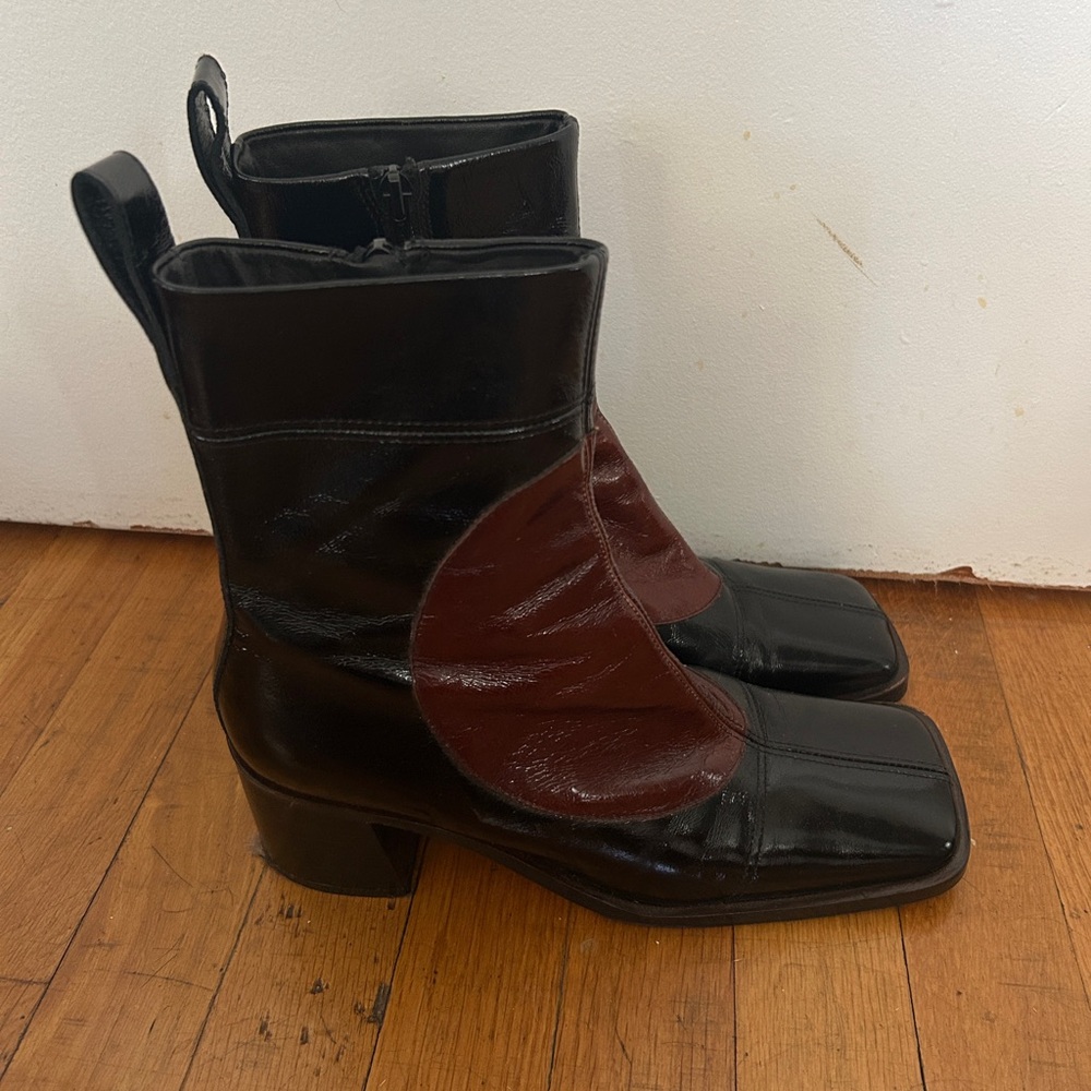 Miista Black and Brown Heeled Boots size 8 patent leather square toe